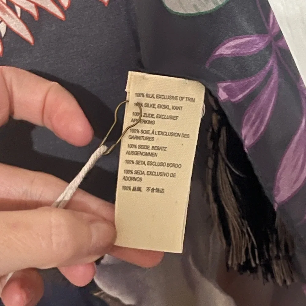 NEW JOHNNY WAS GREY Purple SCARF $110 Floral Print Tassels 100% Silk